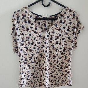 Pleione Floral V-Neck Blouse - Cream and Blue